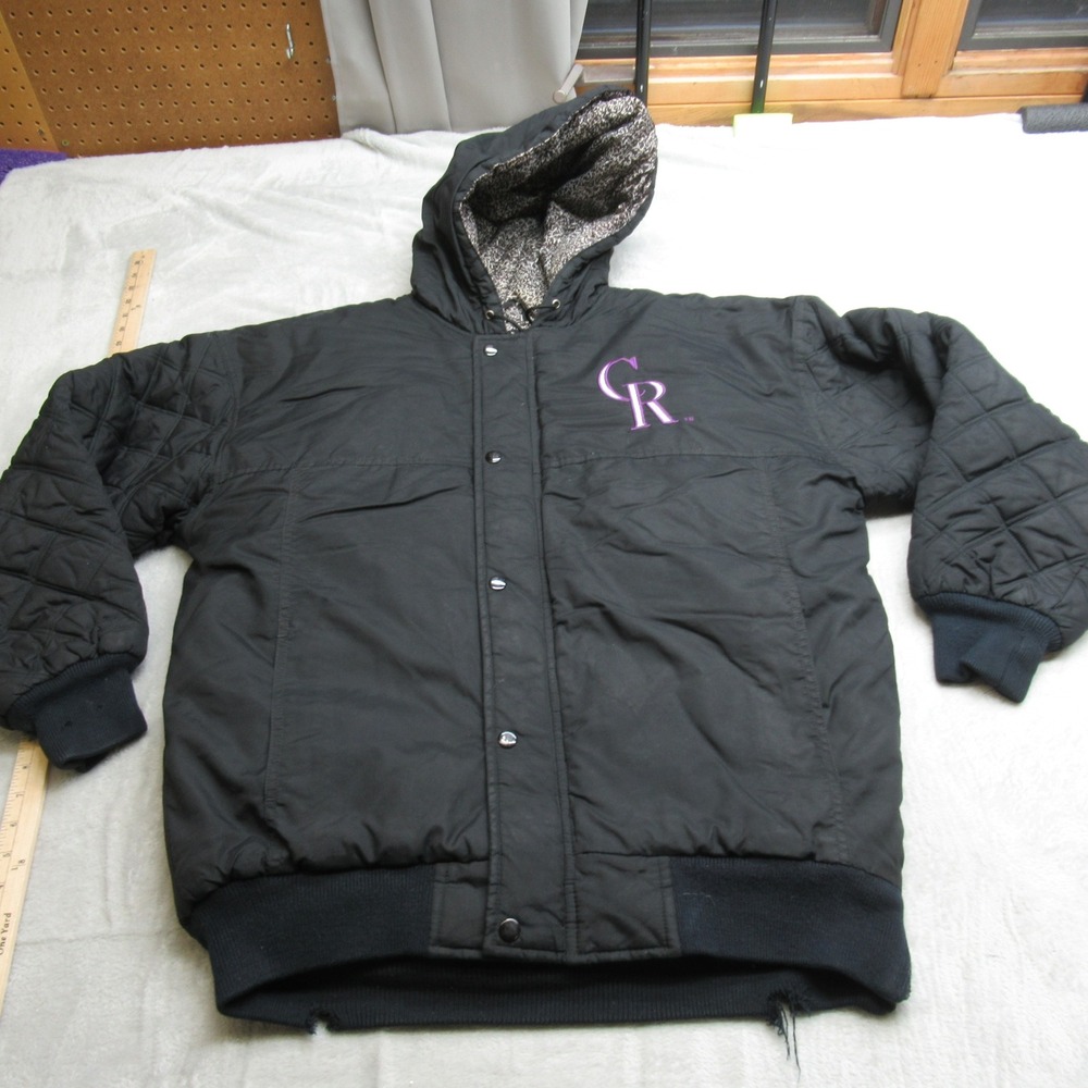Starter Jacket Mens Medium Black Colorado Rockies Quilted Hood Rain MLB LOGO VTG